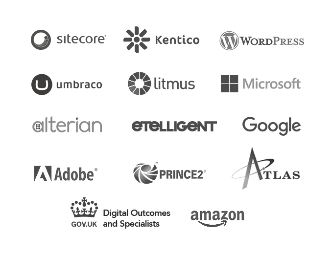 Sitecore - Kentico - Wordpress - TYPO3 - etelligent - Microsoft - alterian - litmus - Google - Adobe - Gov.uk - Prince2 - Atlas - amazon